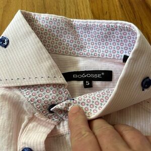 Bogosse pink and white pin stripe long sleeve shirt w navy detail 22”pit to pit